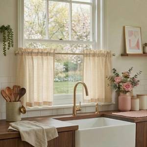 lot 14064 image: NICETOWN Sheer Yellow Linen Gingham Cafe Curtains 30x24 2 Panels