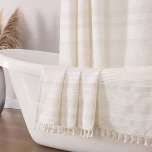 lot 14178 image: OVZME Natural Linen Shower Curtain Boho Farmhouse Striped Tassel 72 x 72 Inch