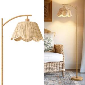 lot 17843 image: Oneach Floor Lamp, Foot Switch, Rattan Shade, Woodgrain Metal Base, 62.5 Inch