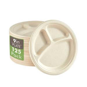lot 17870 image: Vplus Compostable Paper Plates 9 In 3 Compartment 125 Pack Nature