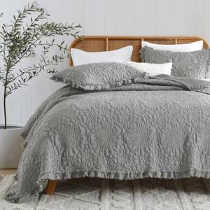 lot 17908 image: HORIMOTE HOME Dark Grey Ruffled Quilt King Size 3 Piece Bedspread Set