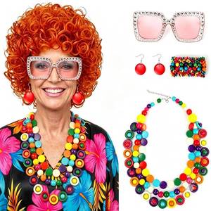 lot 18314 image: Tovims Short Orange Red Curly Costume Wig and Jewelry Set with Sunglasses 70s