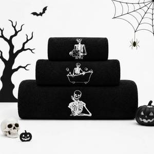 lot 18338 image: Peryiter Halloween Skeleton Bath Towel Set 3 Piece Black White