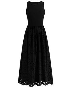lot 18345 image: Dowerme Womens Sleeveless Lace Eyelet Cotton Tank Maxi Dress Black XL