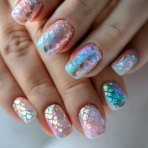 lot 18384 image: Thuoxde Press On Nails Short Square Fake Nails 24 Pcs Ocean Chrome Gradient