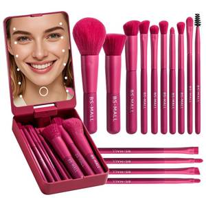 lot 18416 image: BS-MALL Travel Makeup Brush Set 14 Pcs with LED Light Mirror Hot Pink