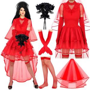 lot 18423 image: Shinymoon Gothic Halloween Costume Red Bride Dress 5 Pc Set Large