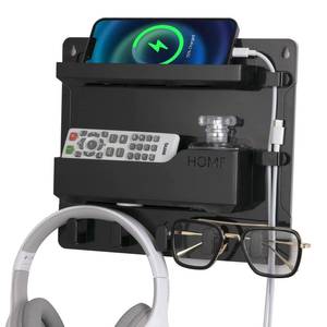 lot 1463 image: JUMEIHUI Wall Mount Bedside Shelf Organizer with Hooks and Cable Clips Black