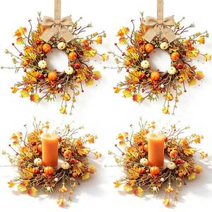 lot 1488 image: Eraeco 4 Pcs Mini Fall Maple Leaf Pumpkin Candle Ring Wreaths Autumn