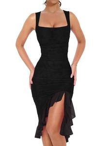 lot 2350 image: BORIFLORS Womens Ruched Bodycon Midi Dress Square Neck Ruffle Hem Black, Size M
