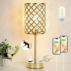 lot 5770 image: Hong-in Gold Crystal Touch Table Lamp with USB Ports and Outlet