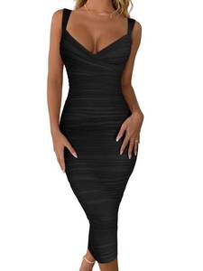 lot 5851 image: BEAGIMEG Womens Sleeveless Bodycon Ruched Mesh Midi Dress Black