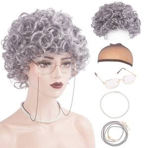 lot 6047 image: WeKen Old Lady Wig Set Silver Grey Granny Costume 5 Piece