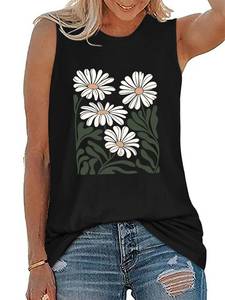 lot 6048 image: Rosemia Womens Tank Top Sleeveless Loose Black Daisy Graphic Crew Neck XXL