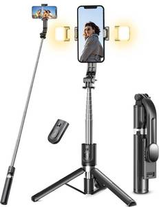 lot 6366 image: Pnitri Selfie Stick Tripod with Fill Light and Bluetooth Remote, 45 Inch