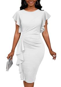 lot 6489 image: Yajedo Womens Ruffle Church Bodycon Midi Pencil Dress White X-Large