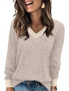 lot 6492 image: Sampeel Womens Long Sleeve V Neck Color Block Fall Sweater Top L Apricot