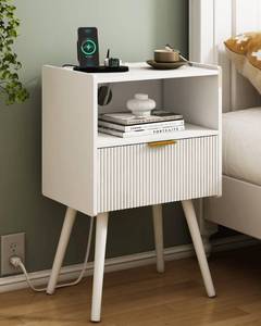 lot 7857 image: JOONEE White Nightstand with Outlet, Drawer and Open Shelf, Wood Legs