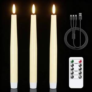 lot 13793 image: GenSwin Rechargeable Flameless LED Taper Candles, Ivory, 3 Pack with Remote