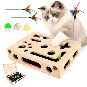 lot 13922 image: UOPON Cat Scratch Puzzle Enrichment Box Solid Wood Indoor Cat Toy