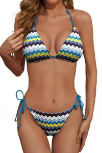 lot 14309 image: Zuvebamyo Women Ribbed Halter Triangle String Bikini Set Bluezig M