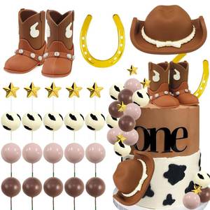 lot 14396 image: MEMOVAN Cowboy Rodeo Cake Topper Set 24 Pcs Hat Boot Horseshoe Western Party