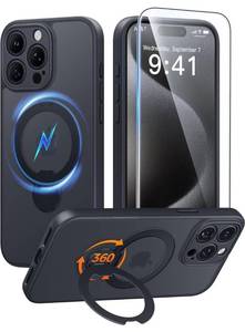 lot 14475 image: FNTCASE Magnetic Phone Case with 360 Kickstand Black for iPhone 15 Pro Max