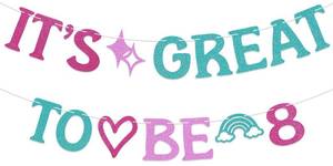 lot 14481 image: LUXLYNN 8th Birthday Banner for Girls Pink Blue Glitter Party Decorations