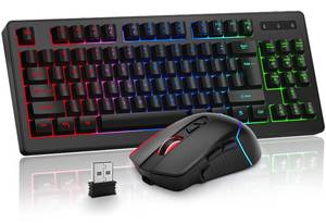 lot 19993 image: BlueFinger Wireless Keyboard and Mouse Combo 87 Key RGB Backlit Rechargeable