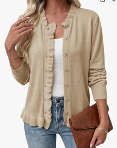 lot 2329 image: Brown Ribbed Knit Ruffle Trim Button-Front Cardigan Size S