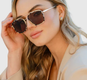 lot 18017 image: Aviator Style Sunglasses with Gold Tone Frame and Tortoise Rims, Brown Lenses