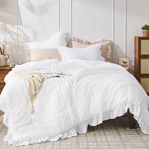 lot 1561 image: JOLLYVOGUE Bright White Queen Comforter Set 3 Pcs Ruffle Seersucker