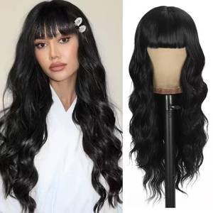 lot 2037 image: UNNYMGER Black Wig with Bangs Long Wavy Synthetic Hair Wig for Women 26 Inch 1B