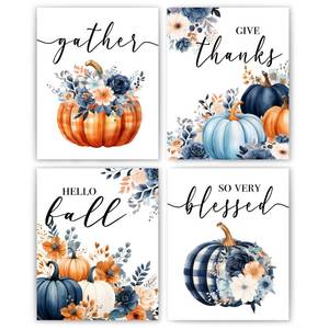 lot 2385 image: JWVK Navy Blue Fall Pumpkin Thanksgiving Wall Art Prints Set of 4 8x10 Unframed