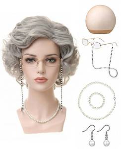 lot 6069 image: Geyynow Old Lady Wig Set 7 PCS Gray Granny Costume With Glasses