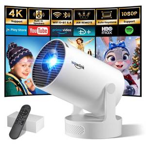 lot 9453 image: Wowlink Mini Projector with WiFi and Bluetooth, Built-in Apps, Auto Keystone, 180° Rotation, 1080P4K Support, Portable Projector Supports SmartphoneTV StickLaptopHDMIUSB, with Air-Remote,White