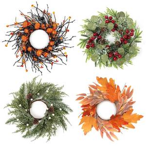 lot 9460 image: 4 PCS Fall Halloween Christmas Wreath Candle Rings Wreaths Mini Wreath Holder Table Centerpiece Cabinets Wreaths for Thanksgiving Farmhouse Autumn Party Home Window Chair Wall Indoor Decorations