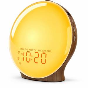 lot 9473 image: JALL Sunrise Alarm Clock for Bedrooms, Full-Screen Wake Up Light for Heavy Sleepers, White Noise Sound Machine, 25 Nature Sounds, 17 Light Modes, FM Radio, Dual WeekdayWeekend Alarms, Walnut Wood