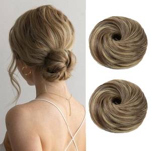 lot 10183 image: IOVOIMMSL 2PCS Small Messy Bun Hair Piece, Brunette & Butter Blonde