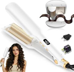 lot 10185 image: Hair Crimper Waver Curling Iron, 12 Inch Beach Waves Curling Wands, Ceramic 2 Barrels Deep Waver, Dual Voltage Hair Culer Tools with EUUK Plug Adapter,12 Temps, 30S Heat up, Auto-Off (White)