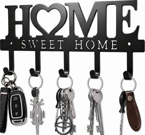 lot 10238 image: Key Holder Hooks Organizer Hanger Rack Wall Mounted Sweet Home Metal Decor Stylish and Practical for Entryway Front Door Kitchen Hallway Garage Mudroom Office 9.8inches25cm Hardware Included Black