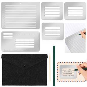 lot 10259 image: 5 Pcs Metal Straight Line Stencil Templates Lettering Aid Template for Journaling Lettering & Writing Envelope Addressing Guide Ruler Set with Multiple Sizes Spacing Lines and Storage Pouch