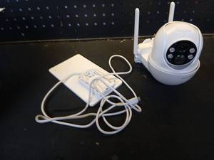 lot 12953 image: White Dome Pan-Tilt Security Camera w Dual Antennas, Mounting Plate & Cable