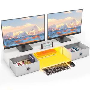 lot 13042 image: YAOHUOO Dual Monitor Stand Riser with LED Light and 2 Drawers