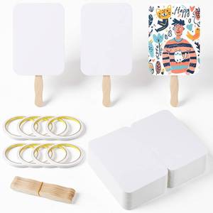 lot 13061 image: 100 Sets DIY Blank Paper Paddle Fan Kit with Wooden Sticks & Tape