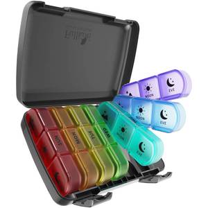 lot 13064 image: Fullicon Weekly Pill Organizer 3 Times Daily 21 Compartment Black Rainbow