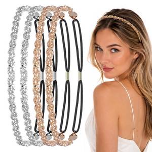 lot 14014 image: Elegaperma 4 Pcs 70s Headbands For Women Elastic Rhinestone Gold and Silver