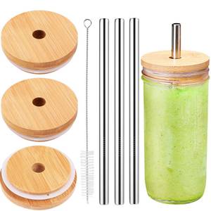 lot 14039 image: SusuBee 3 Pack Bamboo Drinking Lid with Straw Hole for Wide Mouth Mason Jar