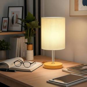 lot 14083 image: Small Table Lamp With 3000K 5W LED Bulb, Cream Shade & Wood Base