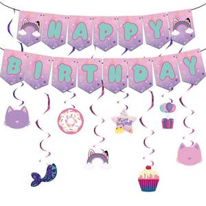 lot 14093 image: Eiiphlyn Cat Birthday Banner Hanging Swirls, Purple Pink Teal Happy Birthday